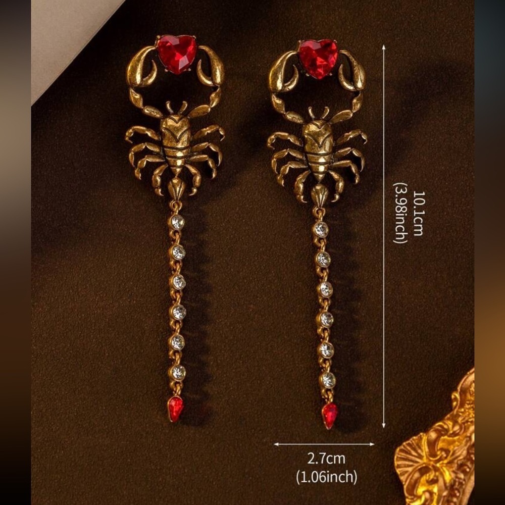 Gothic Scorpion Drop Earrings | Red Crystal Heart & Rhinestone Tail - Picture 4 of 12
